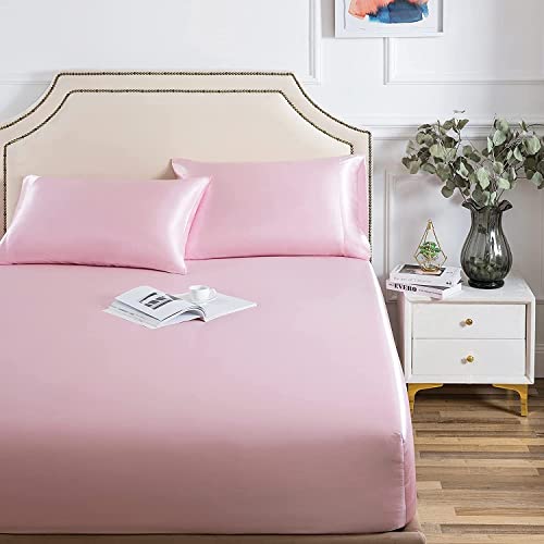 Damier Satin Spannbettlaken 100x200cm Rosa Seide Glänzend Spannbetttuch Hochwertiges Satin Deluxe Bettlaken, geeignet für Matratzen bis 25cm von Damier