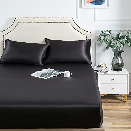 Damier Satin Spannbettlaken 100x200cm Schwarz Seide Glänzend Spannbetttuch Hochwertiges Satin Deluxe Bettlaken, geeignet für Matratzen bis 25cm von Damier