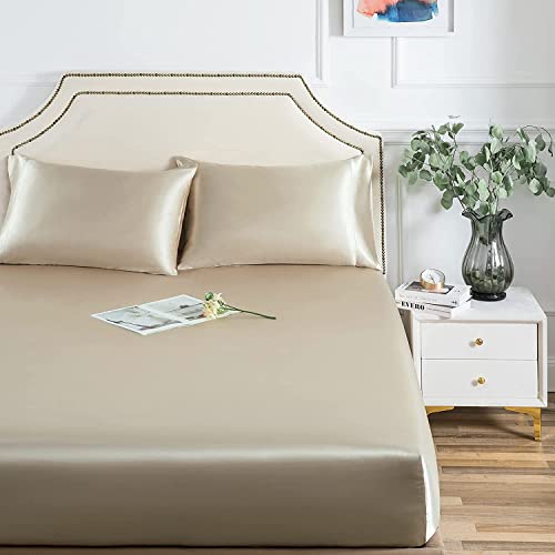 Damier Satin Spannbettlaken 140x200cm Beige Seide Glänzend Spannbetttuch Hochwertiges Satin Deluxe Bettlaken, geeignet für Matratzen bis 25cm von Damier