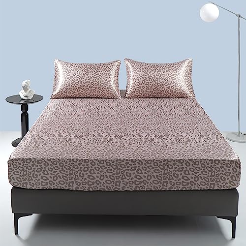 Damier Satin Spannbettlaken 160x200cm Rosa Leopardenmuster Seide Glänzend Spannbetttuch Hochwertiges Satin Deluxe Bettlaken, geeignet für Matratzen bis 25cm von Damier