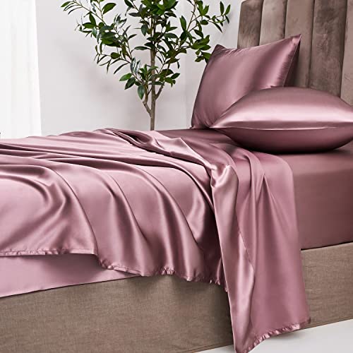 Damier Satin Spannbettlaken 180x200cm Rosa Altrosa Seide Glänzend Spannbetttuch Hochwertiges Satin Deluxe Bettlaken, geeignet für Matratzen bis 30cm von Damier