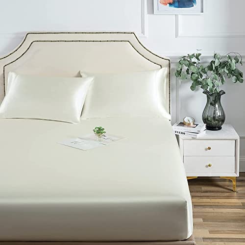 Damier Satin-Polyester Spannbettlaken 90x200cm Weiß Seide Glänzend Spannbetttuch Hochwertiges Satin Deluxe Bettlaken, geeignet für Matratzen bis 30cm von Damier