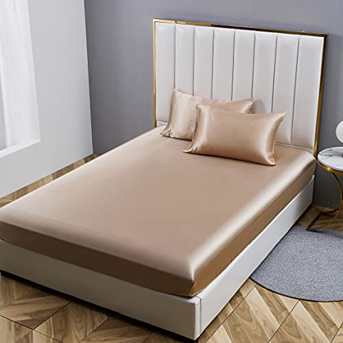 Damier Spannbettlaken 100x200cm Beige Satin Seide Glänzend Bettlaken Hochwertiges Deluxe Unifarben Spannbetttuch, geeignet für Matratzen bis 30cm von Damier