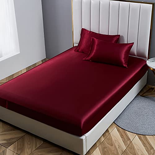 Damier Spannbettlaken 100x200cm Rot Weinrot Satin Seide Glänzend Bettlaken Hochwertiges Deluxe Unifarben Spannbetttuch, geeignet für Matratzen bis 30cm von Damier