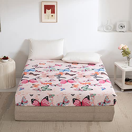 Damier Spannbettlaken 140x200cm Schmetterlinge Muster Boxspring Spannbetttuch mit Gummizug Kinder Mädchen Kids Bettlaken bis 30 cm hohe Matratzen von Damier