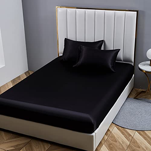 Damier Spannbettlaken 140x200cm Schwarz Satin Seide Glänzend Bettlaken Hochwertiges Deluxe Unifarben Spannbetttuch, geeignet für Matratzen bis 30cm Damier Spannbettlaken 140x200cm Schwarz Satin Seide Glänzend Bettlaken Hochwertiges Deluxe Unifarben Spannbetttuch, geeignet für Matratzen bis 30cm von Damier