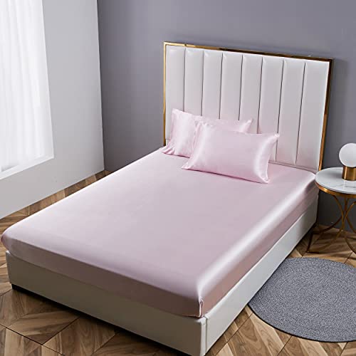 Damier Spannbettlaken 180x200cm Rosa Satin Seide Glänzend Bettlaken Hochwertiges Deluxe Unifarben Spannbetttuch, geeignet für Matratzen bis 30cm von Damier