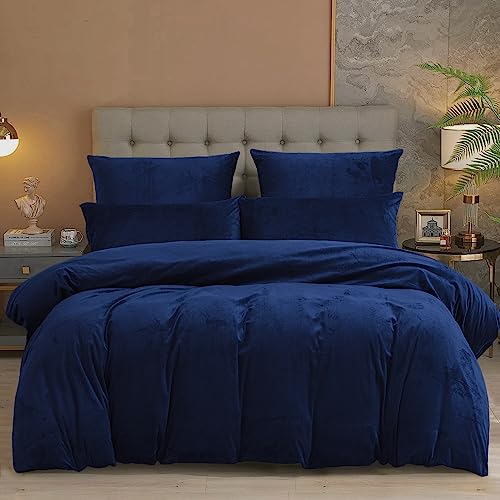 Damier Winter Plüsch Bettwäsche 220x240 Warm Blau Dunkelblau Uni Einfarbig Cashmere Touch Bettbezug Set Flauschig Kuschelig Plüsch Bettwäsche 3 Teilig mit Reißverschluss und 2 Kissenbezüge 80x80 cm von Damier