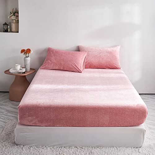 Damier Winter Spannbettlaken 140x200cm Rosa Flauschige Warme Samt Bettlaken Teddy Plüsch Spannbetttuch Geeignet für 30cm Matratze von Damier