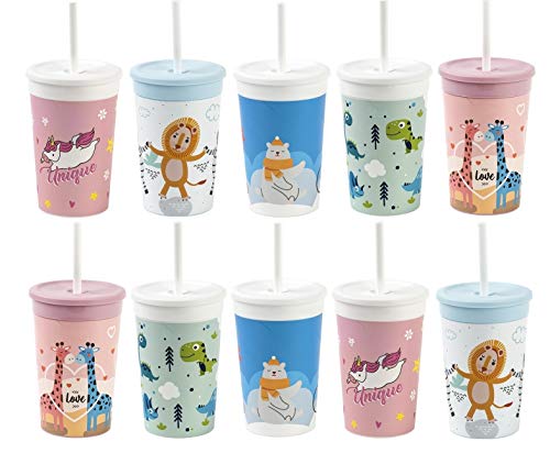 Design 10x Trinkbecher Kunststoffbecher Becher mit Deckel + Strohhalm 0,33l BPA Frei Bunte Plastik Mehrwegbecher von Damilo