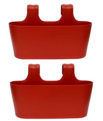 Design 2X Blumentopf Pflanzenkübel für Geländer/Balkon hängend Pflanztopf Blumenkasten in der Farbe Rot mit integrierter Wasserauffangschale von Damilo