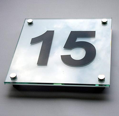 Hausnummer | Hausnummernschild | Türschild | Straßenschild | Fassadenschild | auf Glas inkl. personalisierte Beschriftung und Edelstahl-Abstandshaltern (20 x 20 cm) von Dammer