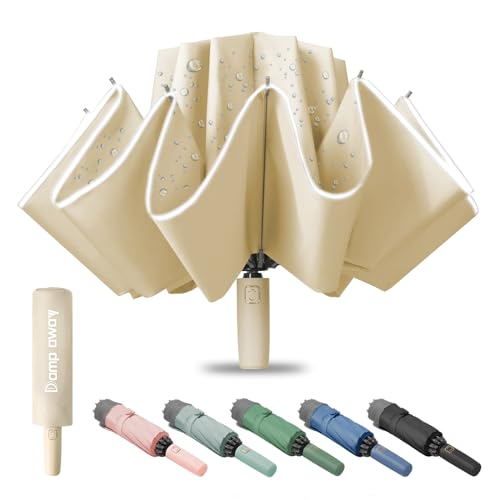 Damp away Kompakter Reise-Regenschirm, tragbarer umgekehrter faltbarer Autoschirm, großer winddichter und wasserdichter umgekehrter Regenschirm, automatisch, 10 Rippen, KHAKI von Damp away