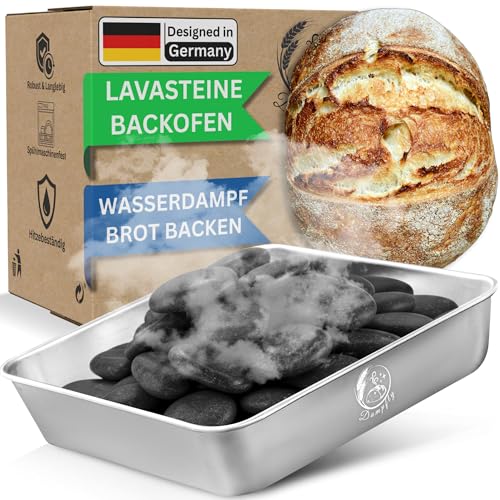 Dampfschüssel Lavastein-Backofen-Set: Perfektes Brot backen mit Wasserdampf – Knuspriges Brot & Gebäck wie vom Profi Bäcker (Silber black stones) von Dampfly
