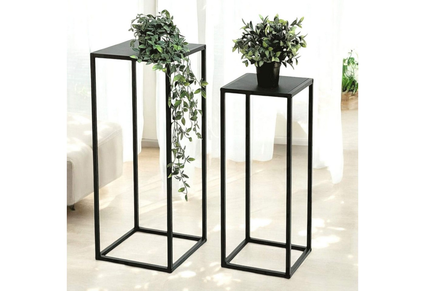 DanDiBo Beistelltisch Pflanzenständer Metall Schwarz Eckig 2er Set Blumenhocker (2er Set, 60 cm und 70 cm), Blumenständer Blumensäule Design Modern Pflanzenhocker von DanDiBo