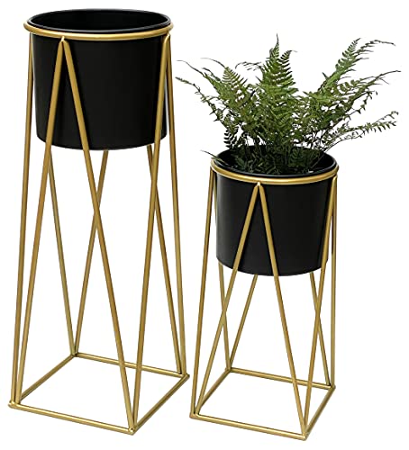 DanDiBo Blumenhocker mit Topf Metall Gold Schwarz 2er Set Blumenständer 96046 Blumensäule Modern Pflanzenständer Pflanzenhocker von DanDiBo