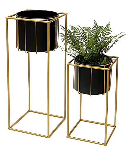 DanDiBo Blumenhocker mit Topf Metall Gold Schwarz Eckig 2er Set Blumenständer 96035 Blumensäule Modern Pflanzenständer Pflanzenhocker von DanDiBo