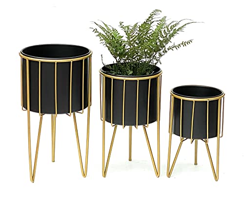 DanDiBo Blumenhocker mit Topf Metall Gold Schwarz Rund 3er Set Blumenständer 96039 Blumensäule Modern Pflanzenständer Pflanzenhocker von DanDiBo