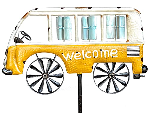 DanDiBo Gartenstecker Metall Bus Auto XL 160 cm Gelb Weiß 96104 Windspiel Willkommen Windrad Wetterfest Gartendeko Gartenstab Bodenstecker Mini Van von DanDiBo