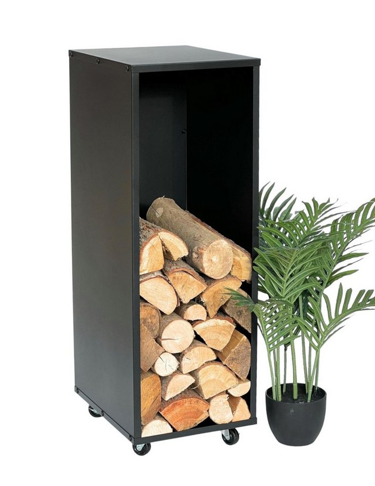 DanDiBo Kaminholzregal Innen Metall Schwarz Kaminholzständer 85 cm mit Rollen mit Ablage, mit Rückwand von DanDiBo