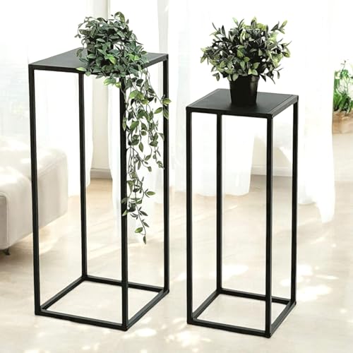 DanDiBo Pflanzenständer Metall Schwarz Eckig 2er Set 60 cm und 70 cm Beistelltisch Blumenhocker Blumenständer Blumensäule Design Modern Pflanzenhocker von DanDiBo
