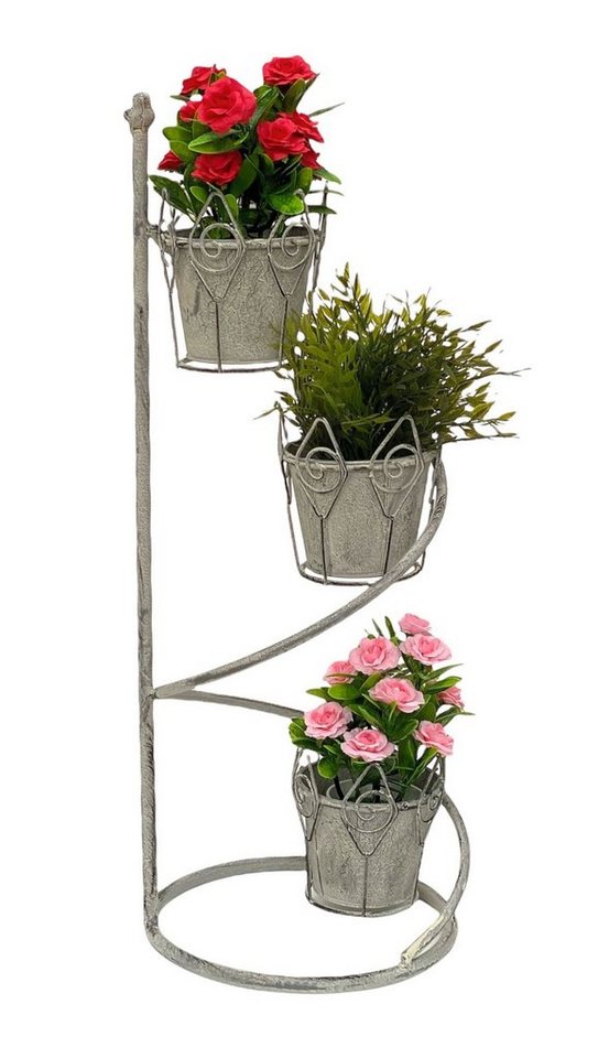 DanDiBo Pflanzentreppe Blumentreppe Innen Metall Weiß Grau Rund 75 cm Blumenständer mit 3 Töpfe 96131 Blumenständer Blumensäule Pflanzenständer Balkon Vintage, Ranksäule im Shabby Design von DanDiBo