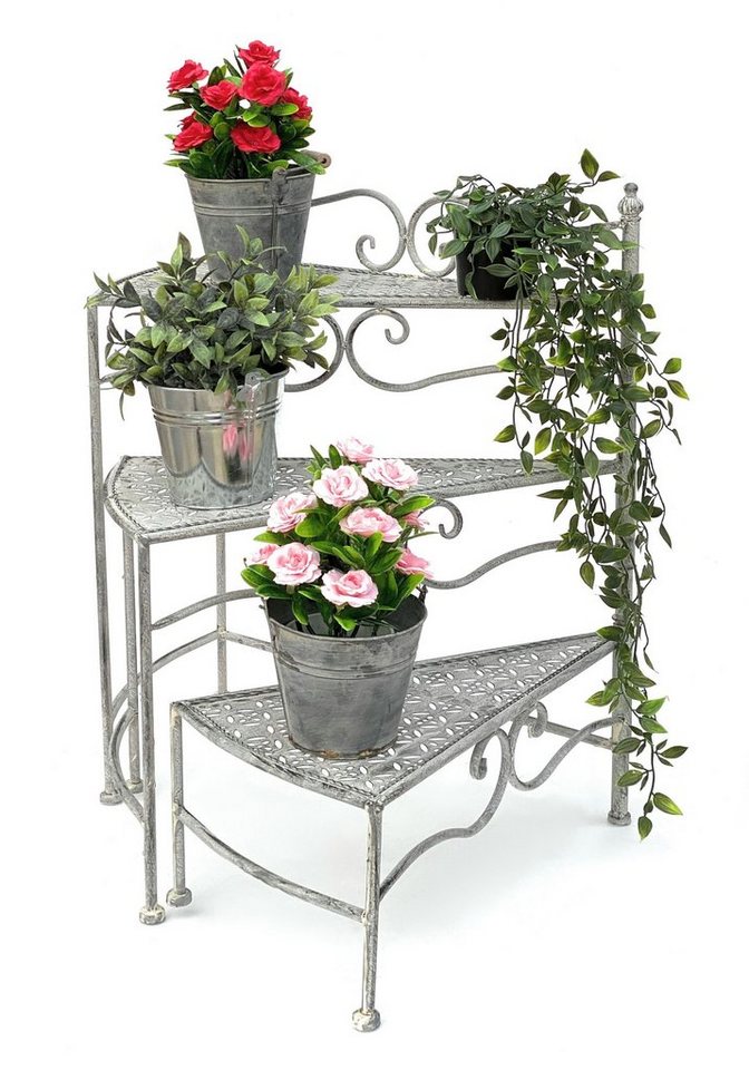 DanDiBo Pflanzentreppe Innen Metall Weiß Grau 55 cm Blumenständer mit 3 Ablagen 96125 Blumenständer Blumensäule Pflanzenständer Balkon Vintage, Aufklappbar von DanDiBo