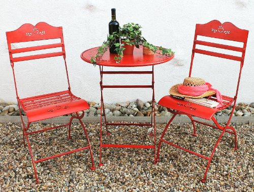 DanDiBo Sitzgruppe Eisen klappbar Passion Tisch mit 2 Stühle Set aus Metall Rot Gartenstuhl Gartentisch Antik Landhaus Garten von DanDiBo
