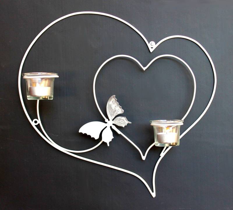 DanDiBo Wandkerzenhalter Wandteelichthalter Herz 39 cm Weiß Teelichthalter Metall Wandleuchter Kerze von DanDiBo