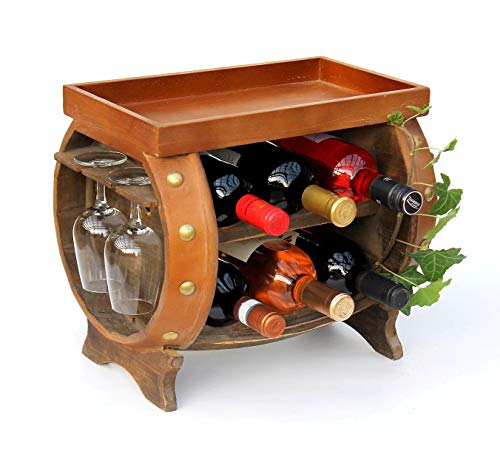 DanDiBo Weinregal Holz Weinfass Braun 33 cm 9064 Bar Flaschenregal Flaschenständer Klein Fass Holzfass mit Glashalter von DanDiBo