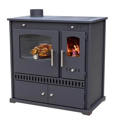 Kaminofen mit Backfach und Herdplatte Perfect Eco Schwarz Links Holzofen 7 kW Kamin Ofen Holz Werkstattofen Hüttenofen Heizofen Gartenofen von DanDiBo