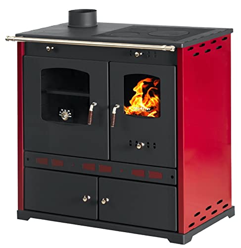 Kaminofen mit Backfach und Herdplatte Perfect Eco Lux Rot Links Holzofen 7 kW Kamin Ofen Holz Werkstattofen Hüttenofen Heizofen Gartenofen von DanDiBo