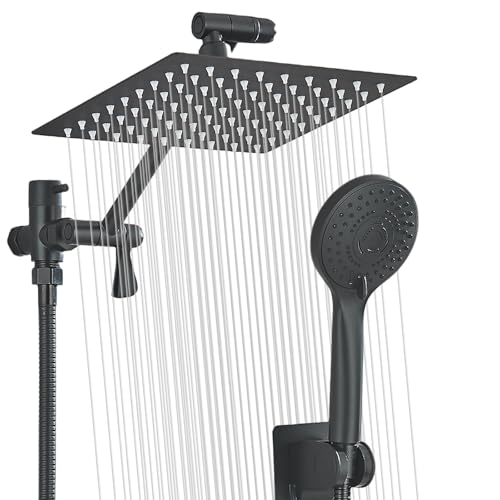 Mattschwarzer Duschkopf, Hochdruck-Regenfall, 20,3 cm Duschkopf/Handbrause, Combo mit 25,4 cm Verlängerungsarm, Höhe/Winkel verstellbar von DanPiang