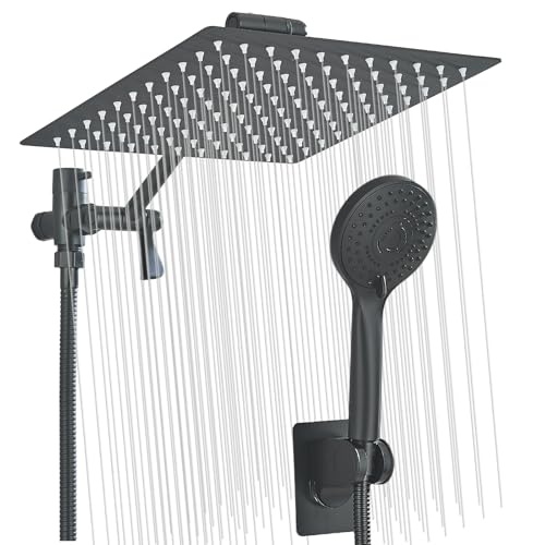 Mattschwarzer Duschkopf, Hochdruck-Regenfall, 25,4 cm Duschkopf/Handbrausekopf Combo mit 25,4 cm Verlängerungsarm, Höhe/Winkel verstellbar von DanPiang