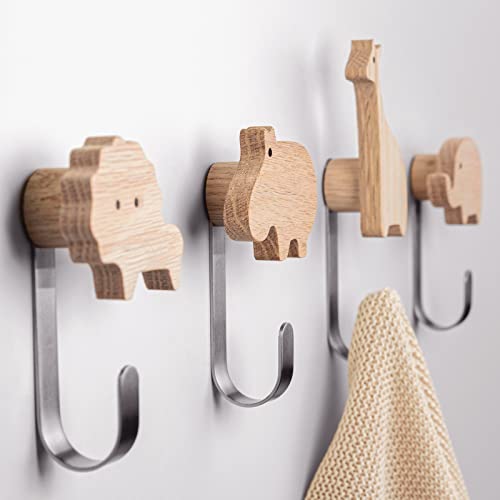 Kleiderhaken für Kinder aus Holz in Tierformen, Eiche, Wandhaken, Garderobenhaken, Garderobe, Kinderzimmer, Tiere, Löwe, Elefant, Nilpferd, Giraffe, Deko (Eiche inkl. 4 Metallhaken) von Danaven