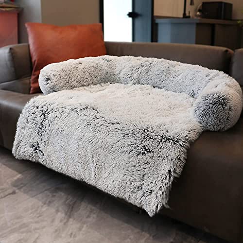 Danchen Plüsch-Hundebett, beruhigend, luxuriös, Hundematte, Sofa, Fell, Katze, Sofa, Haustier, Couch, Möbelschutz mit rutschfester Unterseite, waschbar, weich, warm, XL-105 x 95 x 15 cm, Hellgrau von Danchen