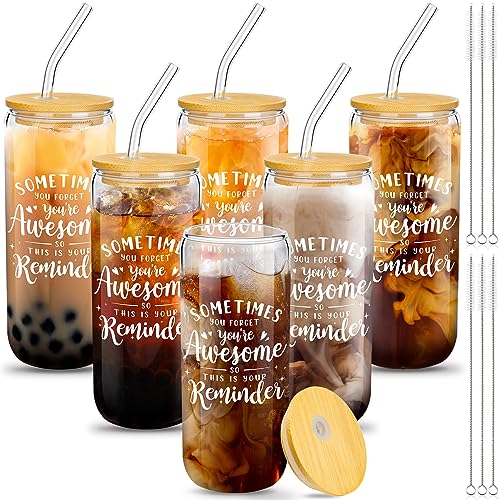 Dandat 6 Set 590 ml Teamgeschenke für Mitarbeiter Weihnachten Wertschätzung Glasbecher Geschenke Dosenform Bierglas mit Deckel Strohhalme Bürsten für Männer Frauen Lehrer Team (Manchmal vergisst du von Dandat