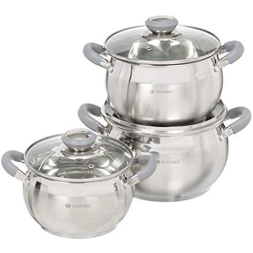 Daniks Modern Edelstahl Topfset Induktion | Kochtopf Set mit Glasdeckel | 2L 16 cm + 2.9L 18 cm + 4L 20 cm | Nudeltopf Suppentopf Pastatopf | Silber von Daniks