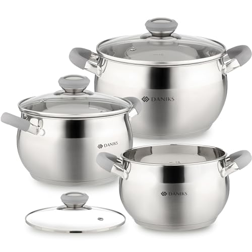 Daniks Modern Edelstahl Topfset Induktion | Kochtopf Set mit Glasdeckel | 2L 16 cm + 2.9L 18 cm + 4L 20 cm | Nudeltopf Suppentopf Pastatopf | Silber von Daniks