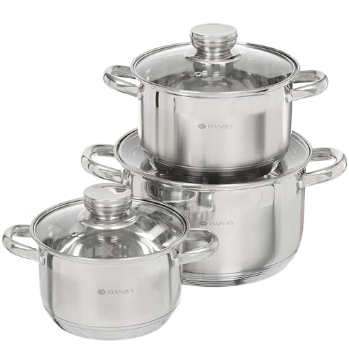 Daniks Standard Edelstahl Topfset Induktion | Kochtopf Set mit Glasdeckel | 1.9L Ø 16 cm + 2.9L Ø 18 cm + 4.75L Ø 20 cm | Nudeltopf Suppentopf Pastatopf | Silber von Daniks