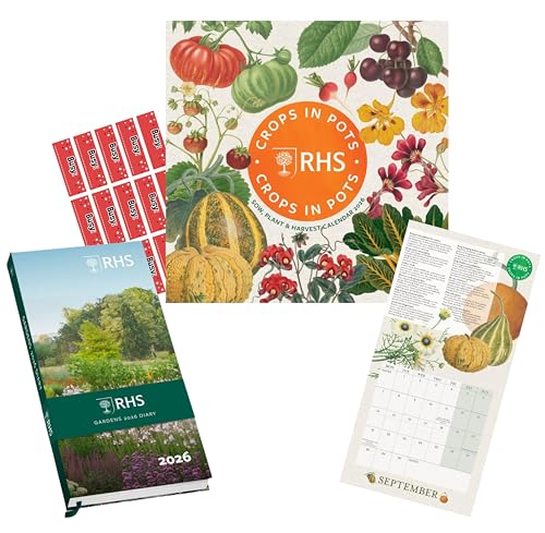 RHS Mini-Kalender "Ernten in Töpfen" und RHS Slim Pocket Diary 2026, Geschenk-Set mit kostenlosen Organisationsaufklebern von Danilo Promotions LTD