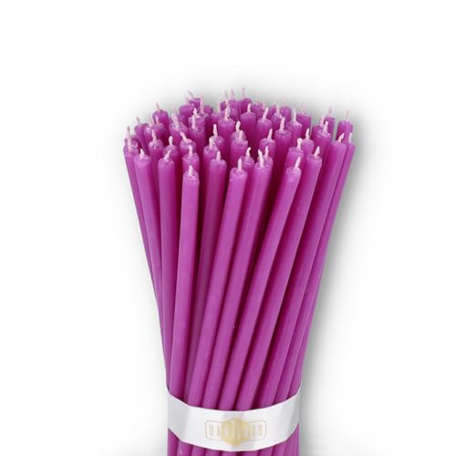 Danilovo Reine Bienenwachskerzen – tropffrei, rauchfrei, hohe, dünne Spitzkerzen – dekorative Kerzen für Kirchgebet, Deko oder Geburtstagskerzen – Honigduft Kerzen – 16 x 0,5 cm (Lila, 50 Stück) von Danilovo