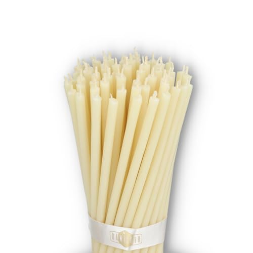 Danilovo Reine Bienenwachskerzen – tropffrei, rauchfrei, hohe, dünne Spitzkerzen – dekorative Kerzen für Kirchgebet, Deko oder Geburtstagskerzen – Honigduft Kerzen – 16 x 0,5 cm (Weiß, 50 Stück) von Danilovo