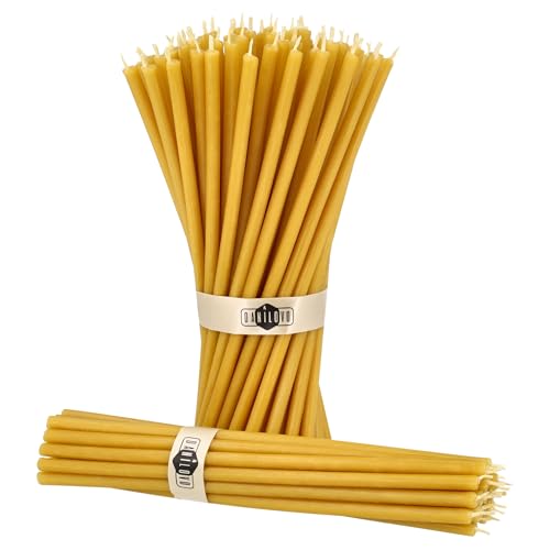 Danilovo Reine Bienenwachskerzen – tropffrei, rauchfrei, hohe, dünne Spitzkerzen – dekorative Kerzen für Kirchgebet, Deko oder Geburtstagskerzen – Honigduft Kerzen – 18,5 x 0,61 cm (Gelb, 50 Stück) von Danilovo