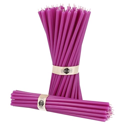 Danilovo Reine Bienenwachskerzen – tropffrei, rauchfrei, hohe, dünne Spitzkerzen – dekorative Kerzen für Kirchgebet, Deko oder Geburtstagskerzen – Honigduft Kerzen – 18,5 x 0,61 cm (Lila, 50 Stück) von Danilovo