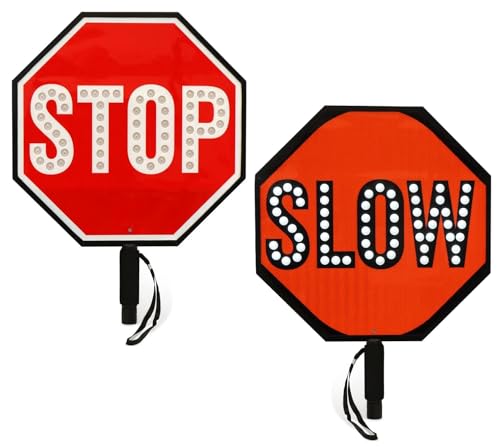 Danive 18" doppelseitiges LED-Stop-Slow-Paddel, wiederaufladbares reflektierendes Verkehrszeichen, Verkehrswarnung, tragbares Stop-Slow-Schild, LED-Lichtmodi Dauerlicht/Blinklicht(Stop/Slow) von Danive