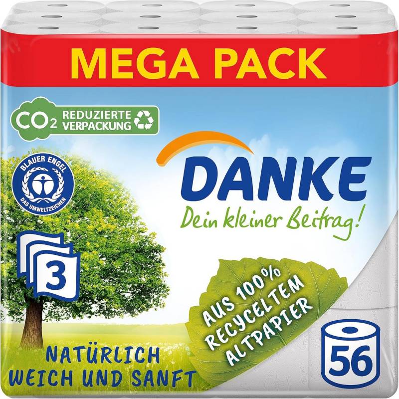 Danke Toilettenpapier Danke Toilettenpapier 56 Stück, 7x8 Rollen, 3 Lagen (1-St) von Danke