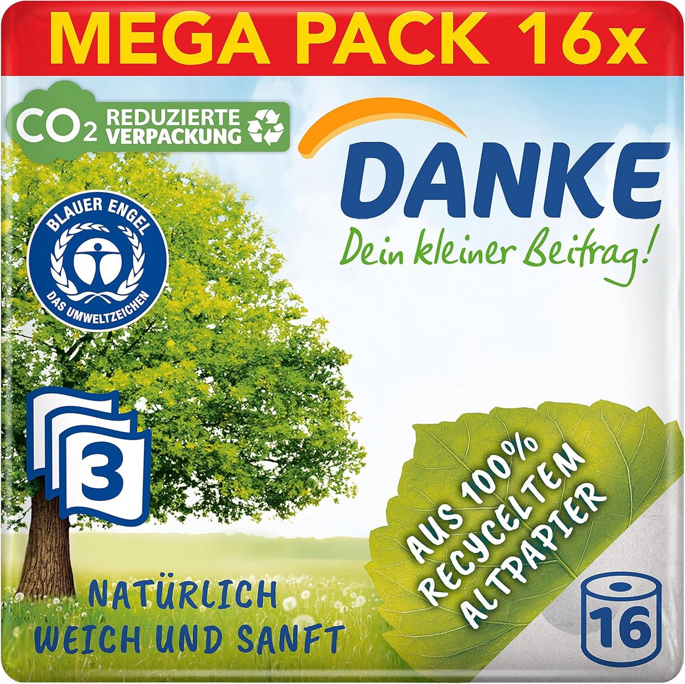 Danke Toilettenpapier Toilettenpapier 3-lagig 1 Packung (je 16 Rollen x 150 Blatt) (1-St) von Danke