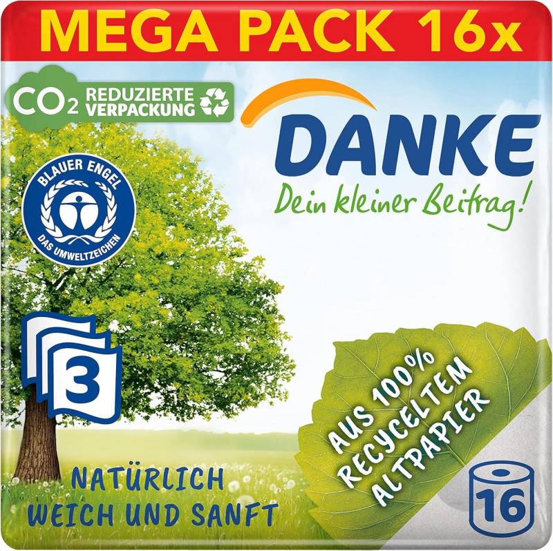 Danke Toilettenpapier Toilettenpapier 3-lagig 1 Packung (je 16 Rollen x 150 Blatt) (1-St) von Danke