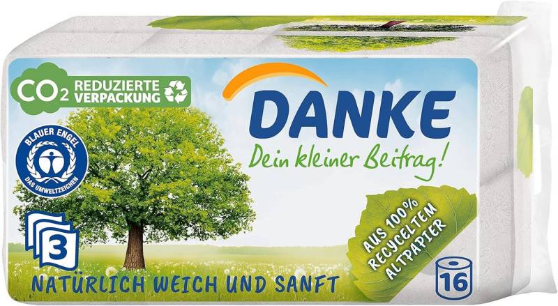 Danke Toilettenpapier Toilettenpapier 3 lagig aus 100% Recycling Papier, 16 Rollen (1-St) von Danke
